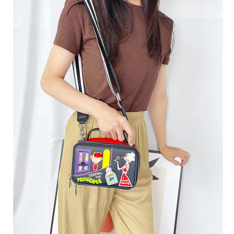 Black Fashion Cartoon Pattern Box Design Shoulder Bag