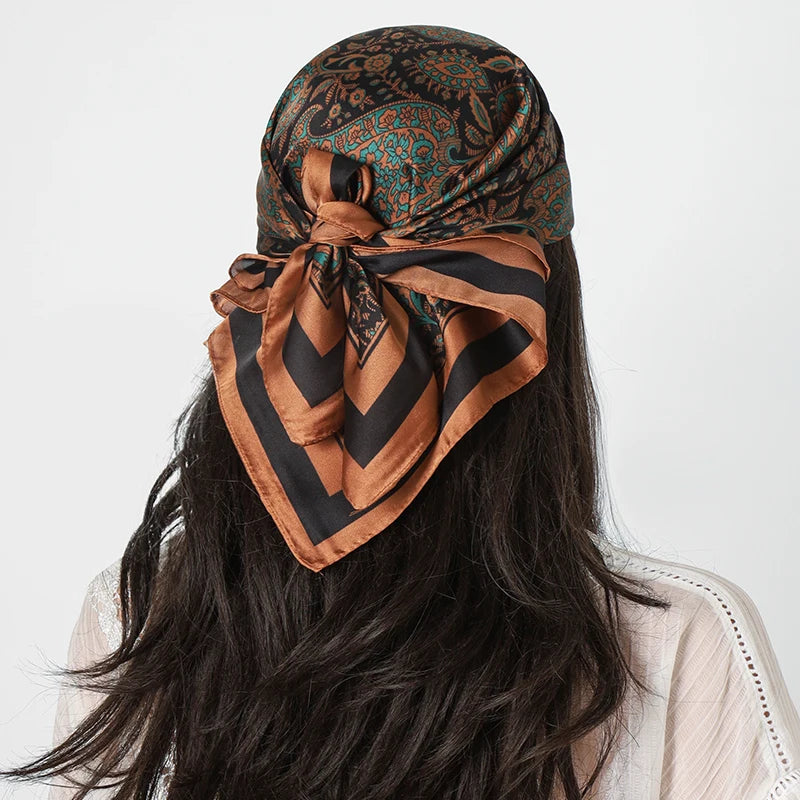 Brown Fashion Cashew Flower Print Small Square Silk Scarf Satin