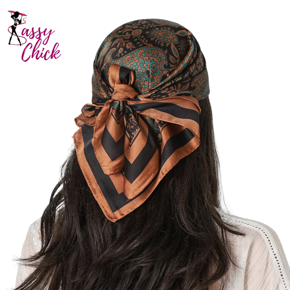 Fashion Cashew Flower Print Small Square Silk Scarf Satin Sassy Chick Logo