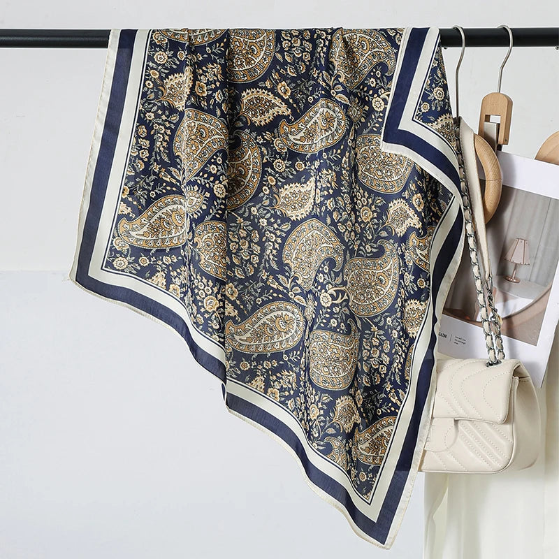 Gray Fashion Cashew Flower Print Small Square Silk Scarf Satin