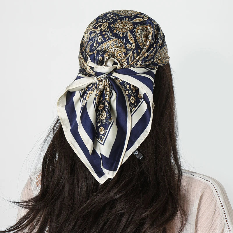 Blue Fashion Cashew Flower Print Small Square Silk Scarf Satin