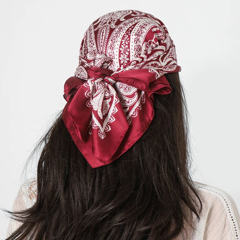Red Fashion Cashew Flower Print Small Square Silk Scarf Satin