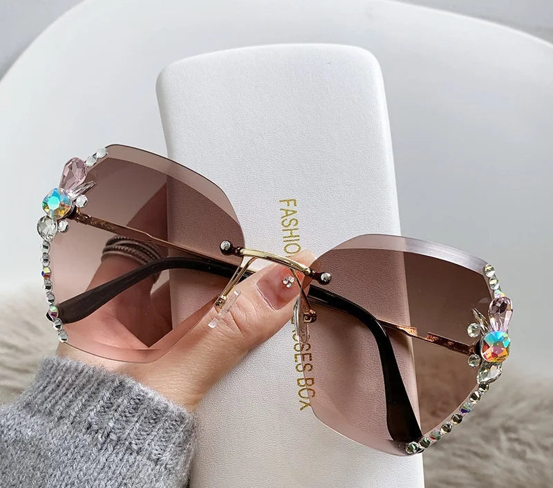 Brown Fashion Diamond Slim Crystal Rimless Sunglasses