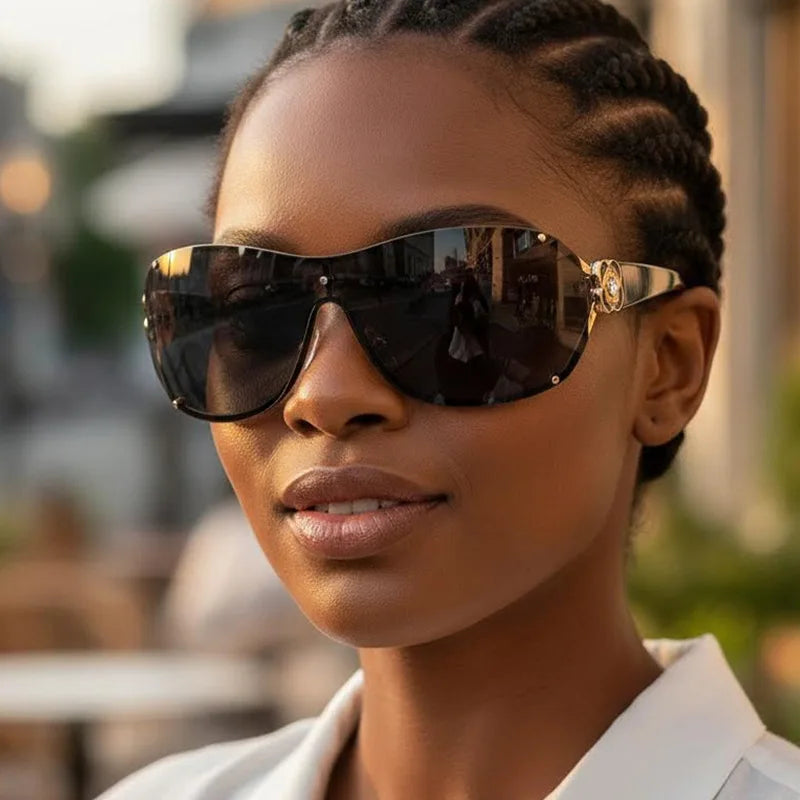 Model Using Fashion Goggles UV400 Rhinestone Sunglasses