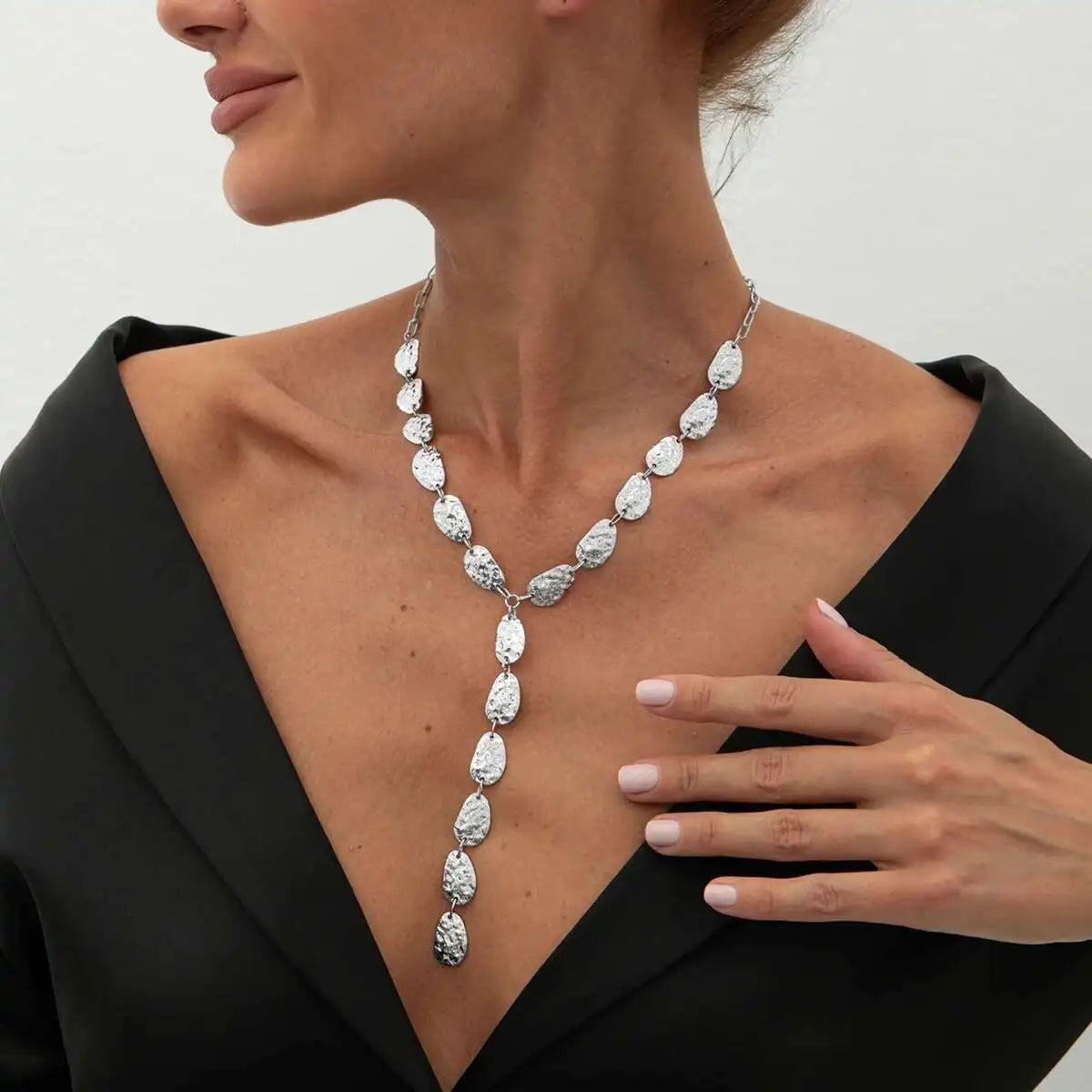 Silver Fashion Irregular Baroque Y-shaped Geometric Necklace