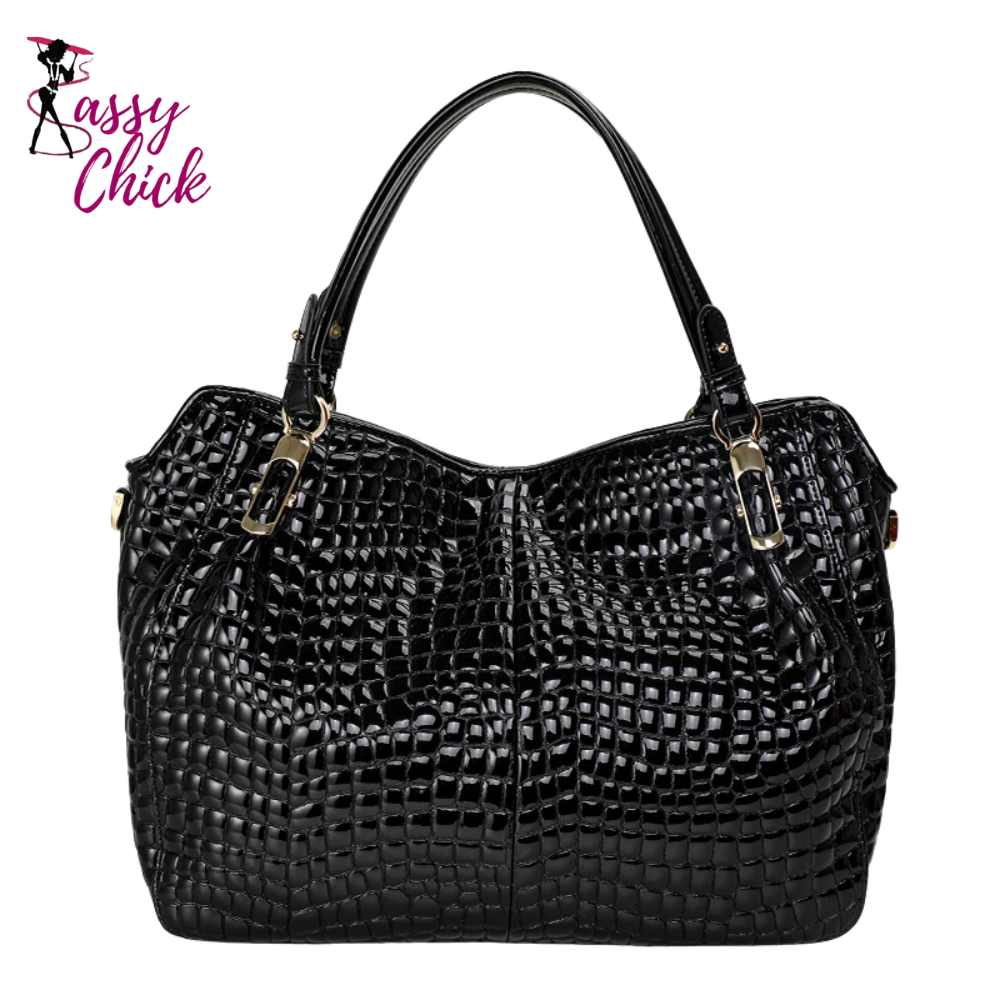 Fashion Light Cowhide Black Handbag Sassy Chick Logo