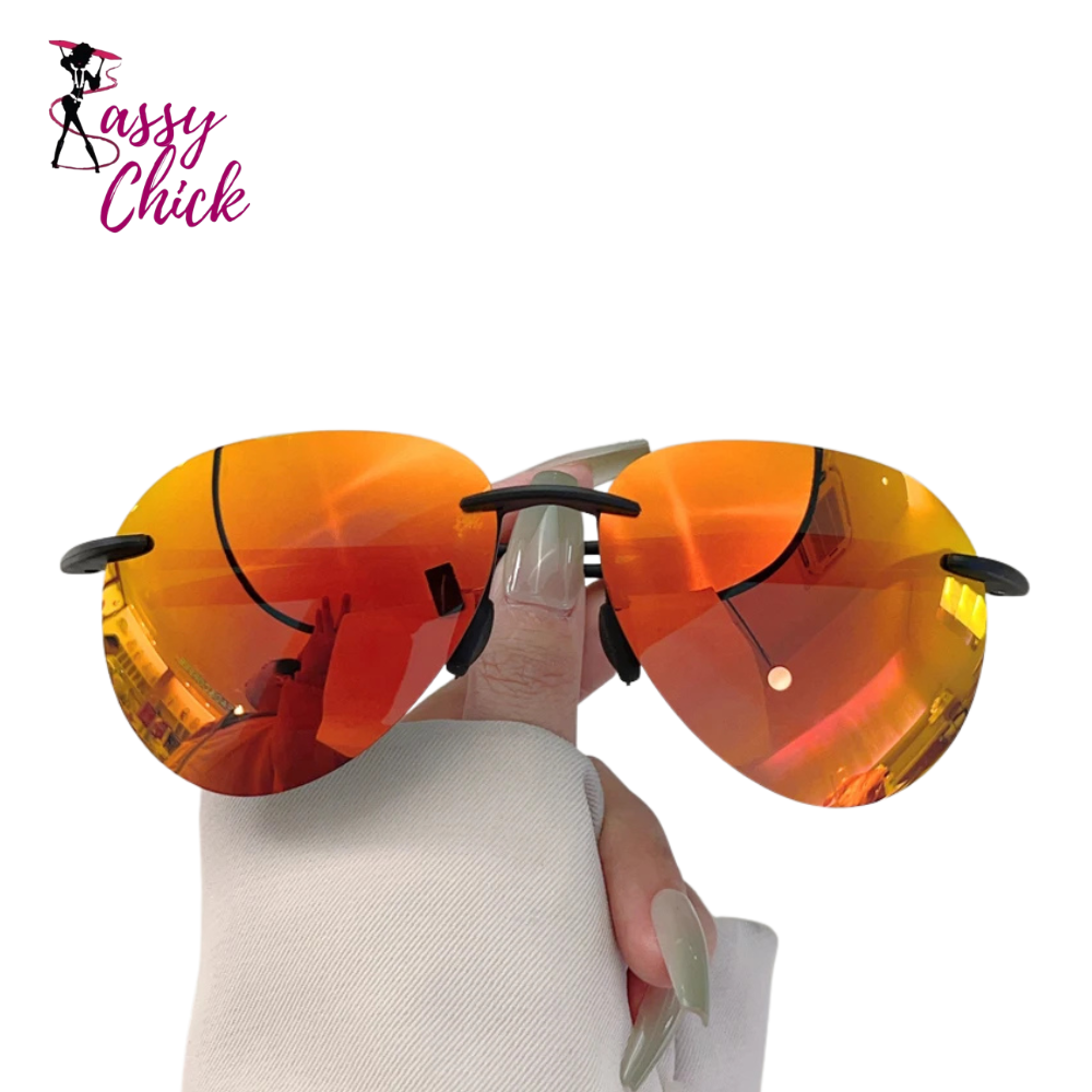 Fashion Polarized Mirror Rimless Pilot Sunglasses Sassy Chick Logo