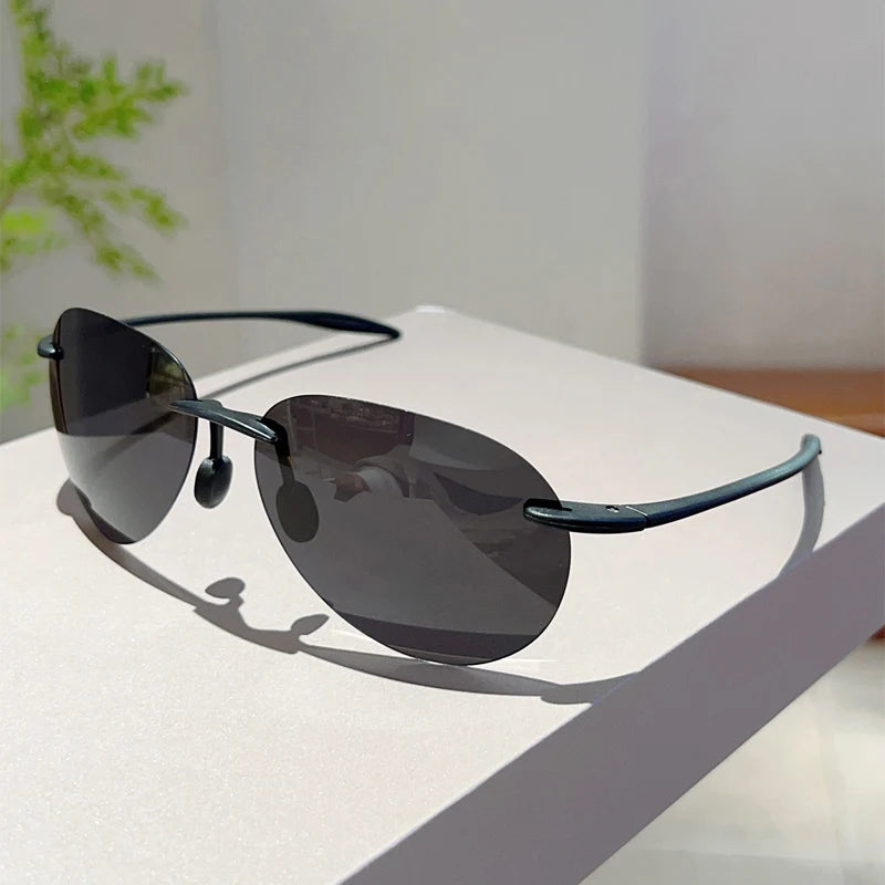 Black Fashion Polarized Mirror Rimless Pilot Sunglasses
