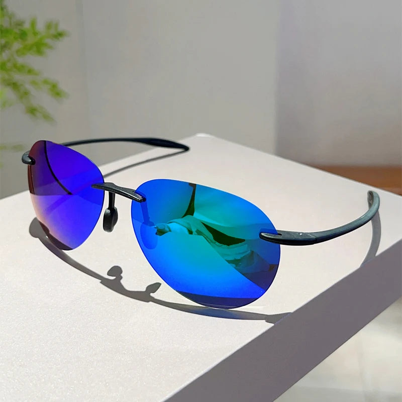 Blue Fashion Polarized Mirror Rimless Pilot Sunglasses