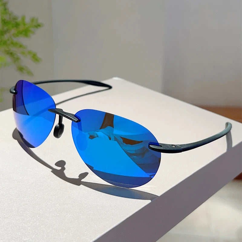 Blue Fashion Polarized Mirror Rimless Pilot Sunglasses