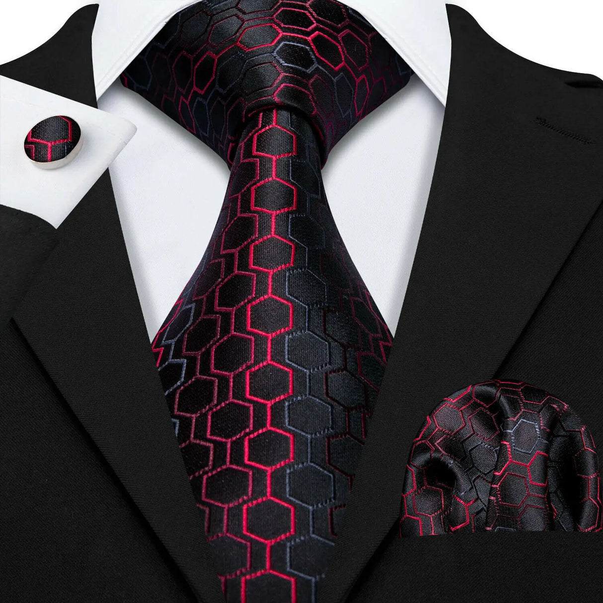 Fashion Black Red Woven Hanky Cufflinks Ties Set