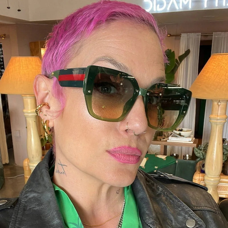 model using Fashion Retro Polygonal Splicing Color Sunglasses