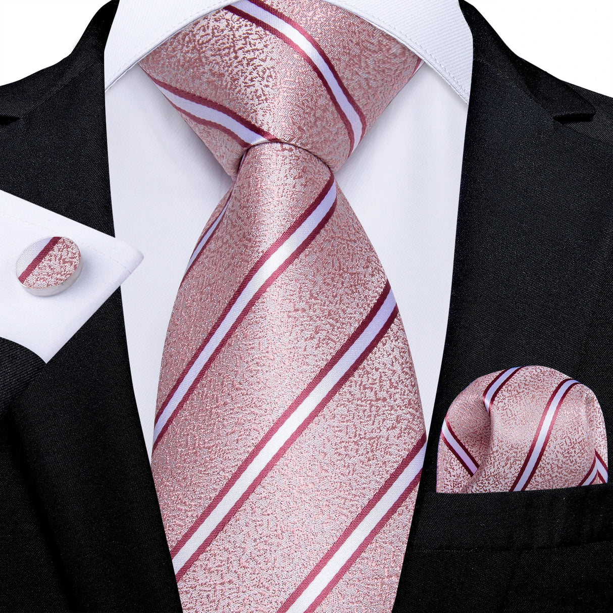 Pink Fashion Striped Silk Tie Set Handkerchief Cufflinks