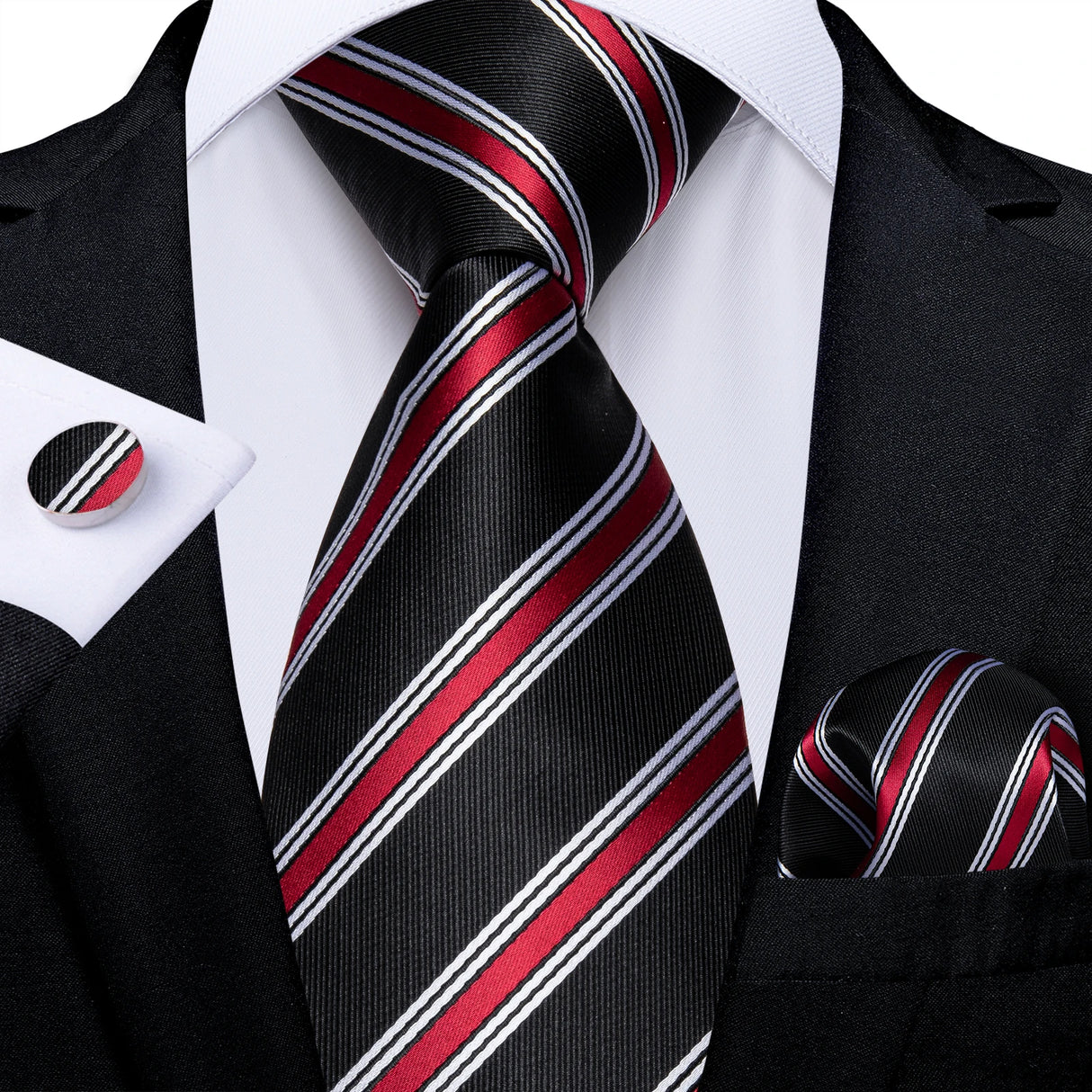 Black Fashion Striped Silk Tie Set Handkerchief Cufflinks