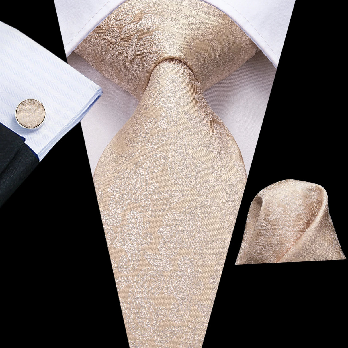 Floral Champagne Ivory Elegant Necktie Handkerchief Cufflinks