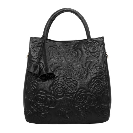 Black Floral Design Leather Handbag