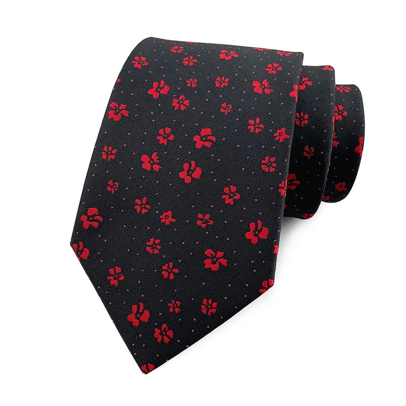 Black Red Floral Dot Tie Luxury 8cm Jacquard Neck Tie Necktie