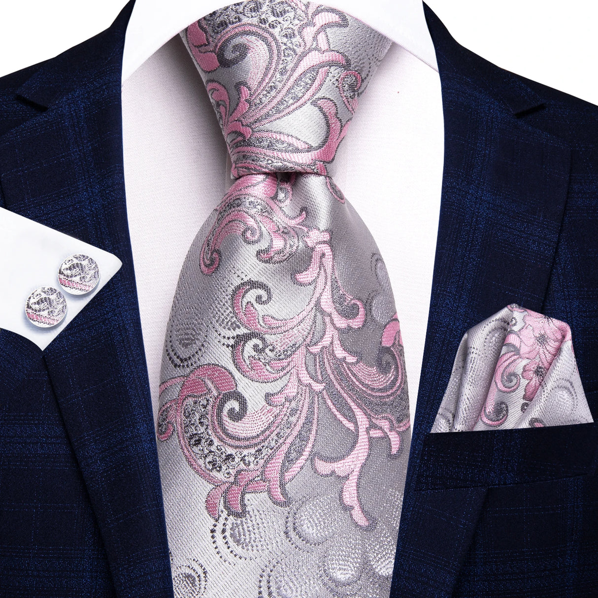 Floral Pink Elegant Handkerchief Cufflinks Necktie