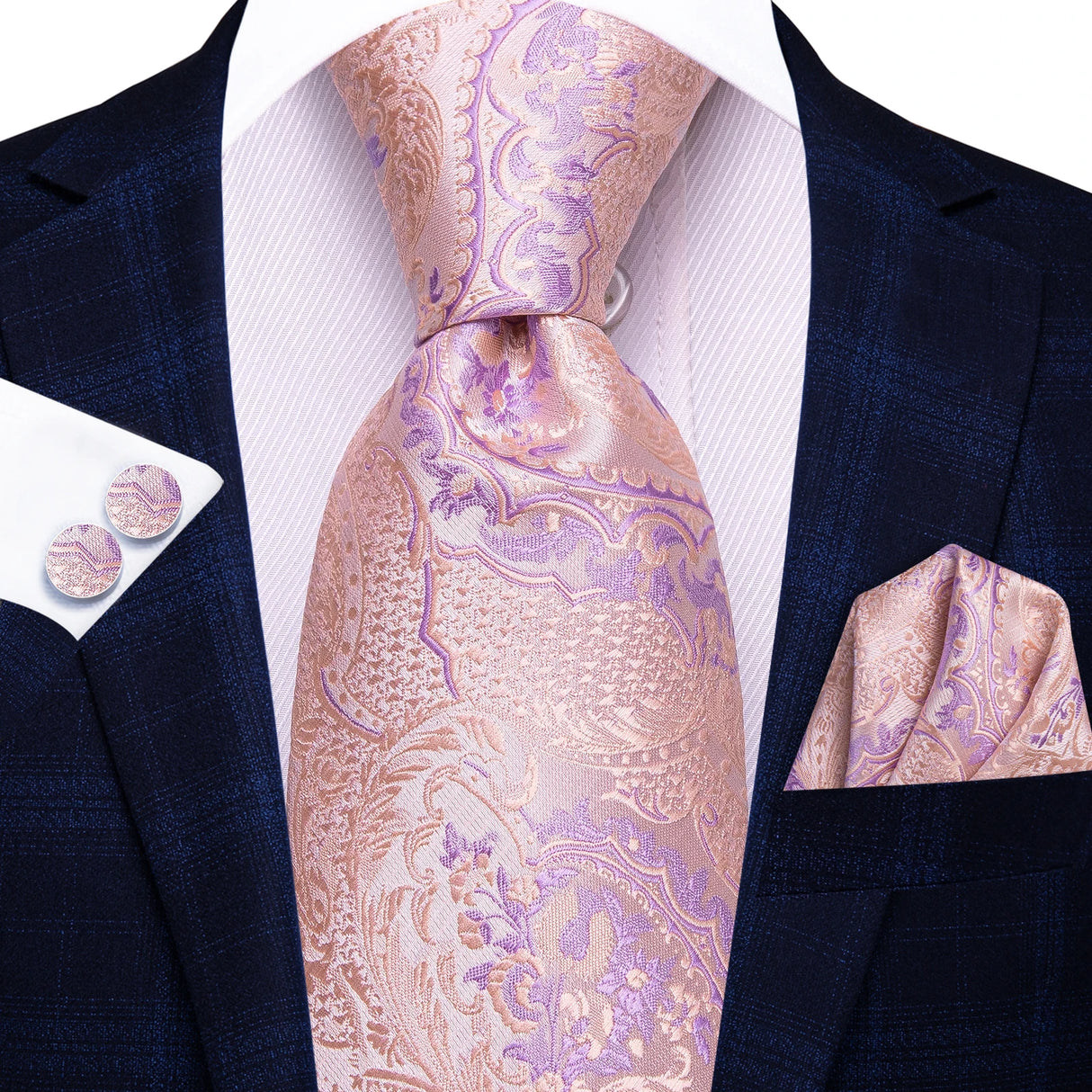 Floral Pink Elegant Handkerchief Cufflinks Necktie