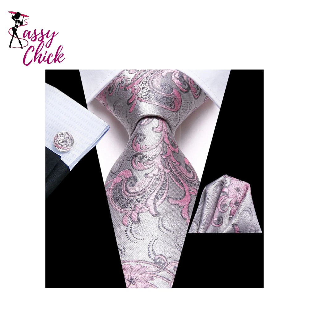 Floral Pink Silver Hanky Cufflink Silk Necktie Sassy Chick Logo