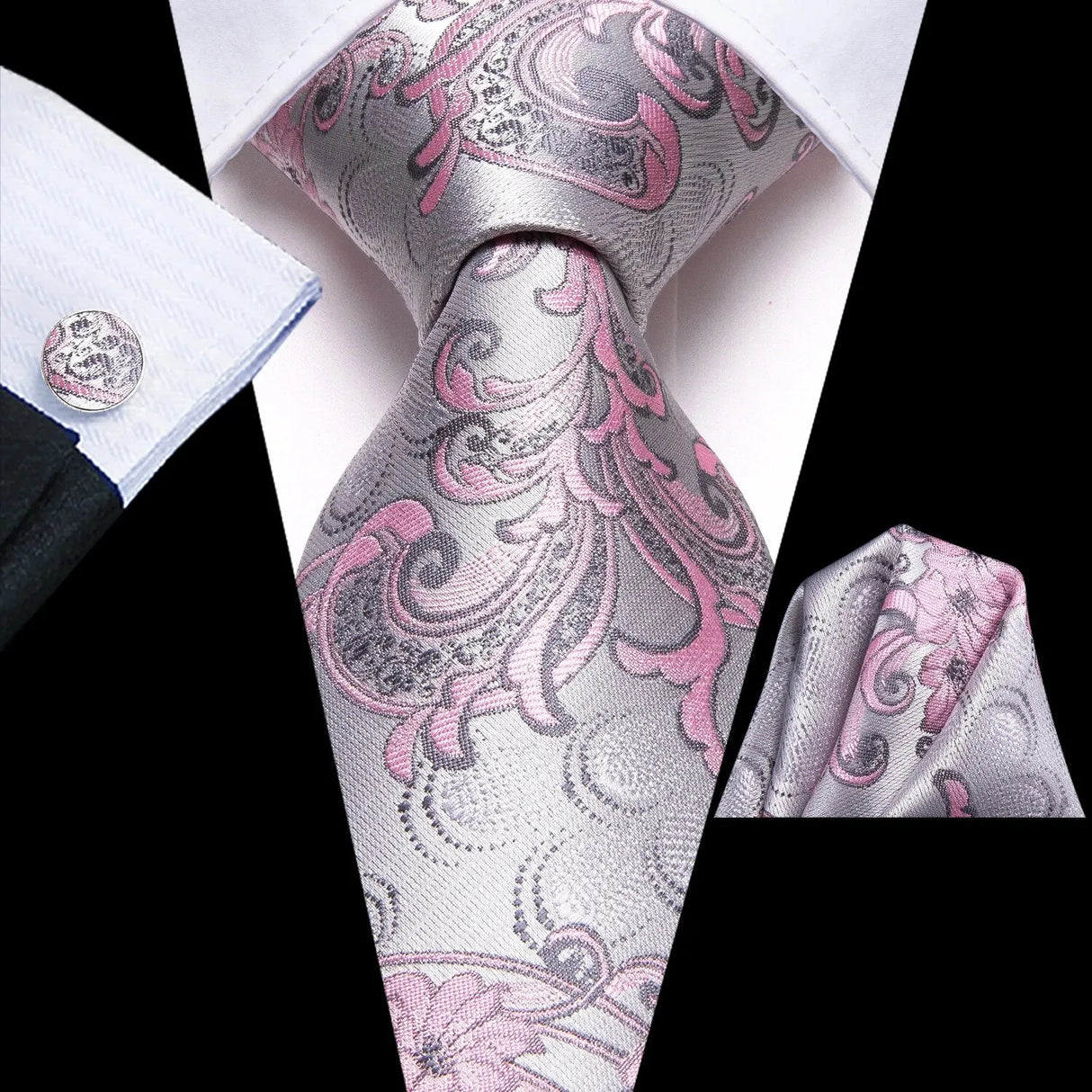 Floral Pink Silver Hanky Cufflink Silk Necktie