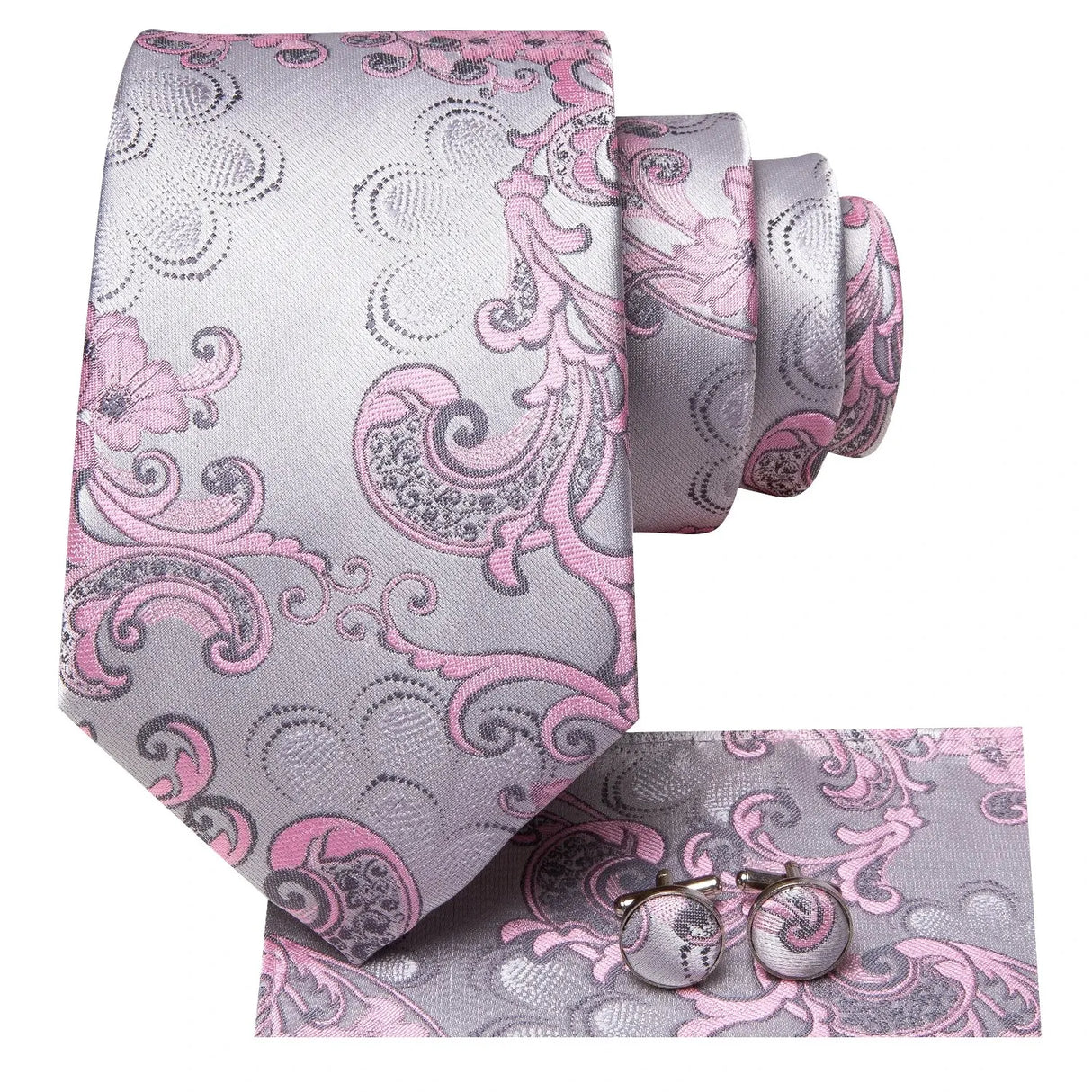 Floral Pink Silver Hanky Cufflink Silk Necktie