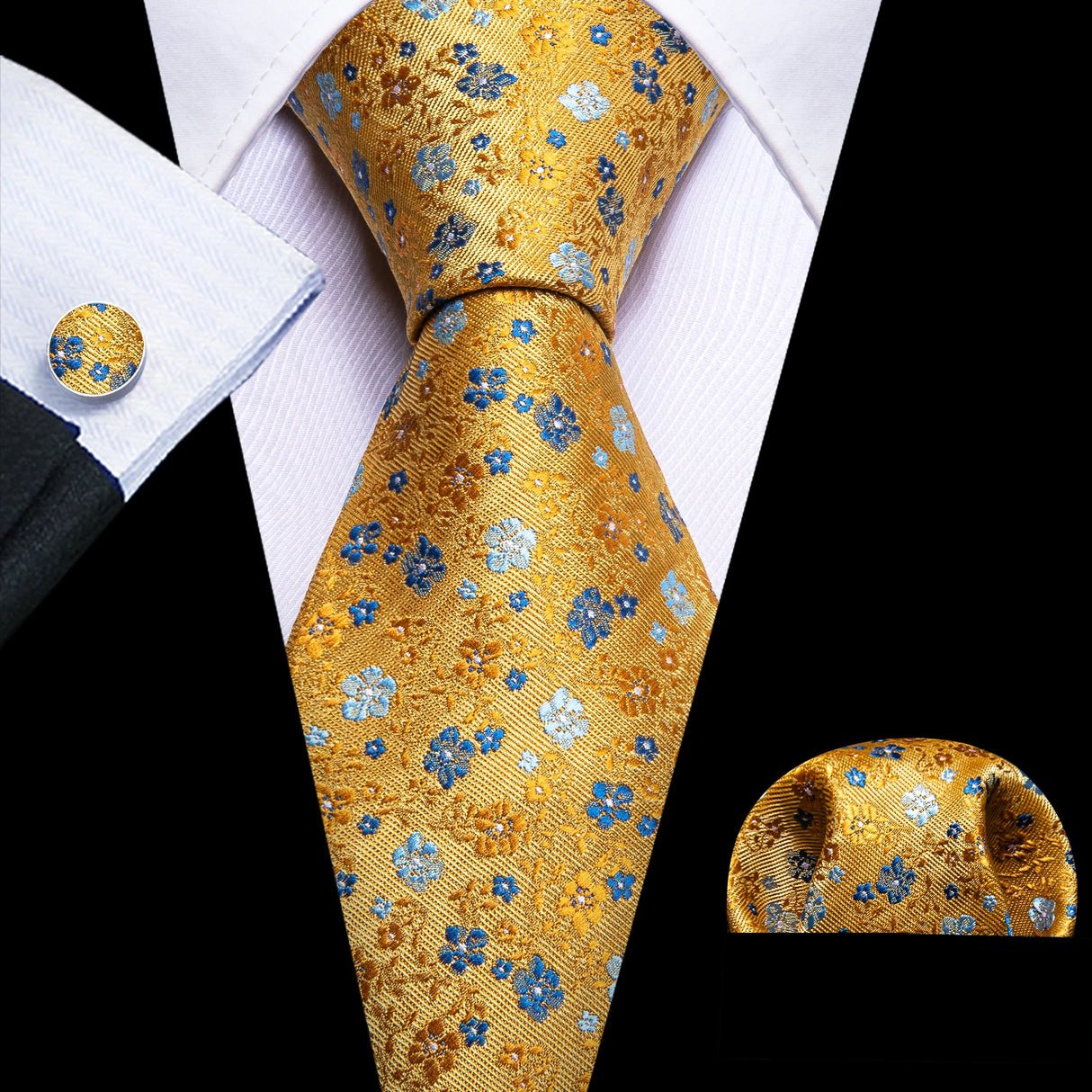Gold Flower Silk Men Tie Handkerchief Cufflink