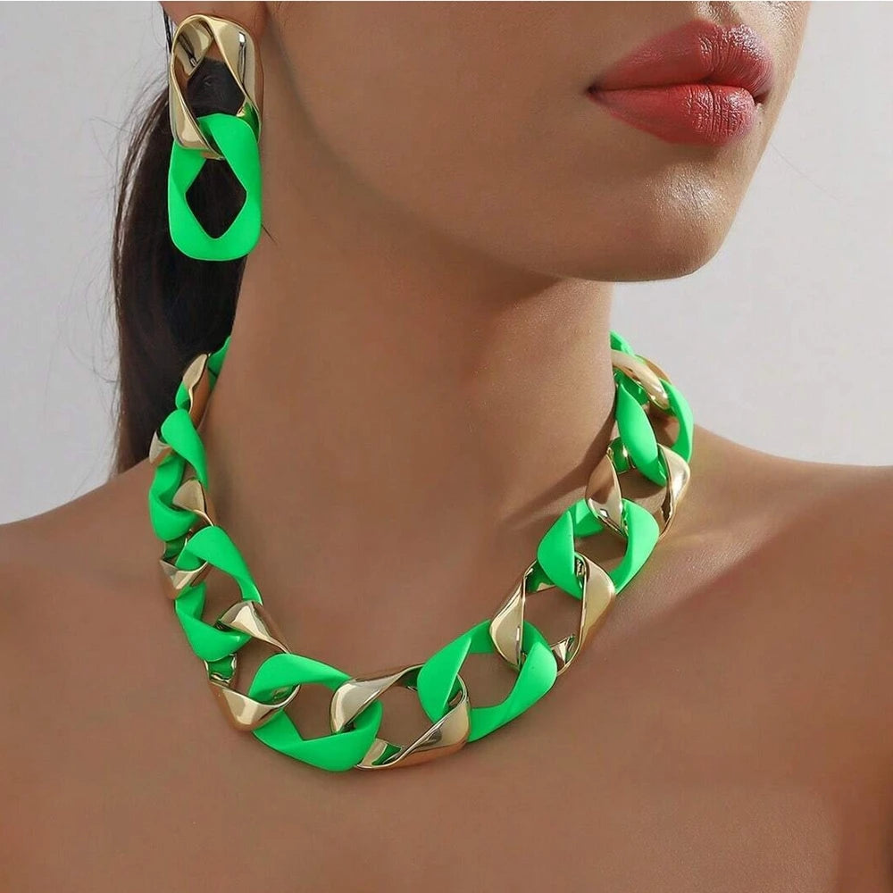 Green Fluorescent Color Acrylic Spliced Chocker Jewelry Set