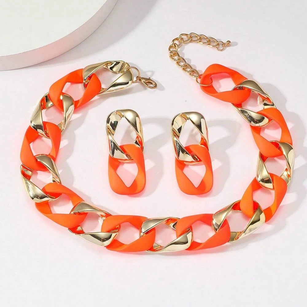 Orange Fluorescent Color Acrylic Spliced Chocker Jewelry Set