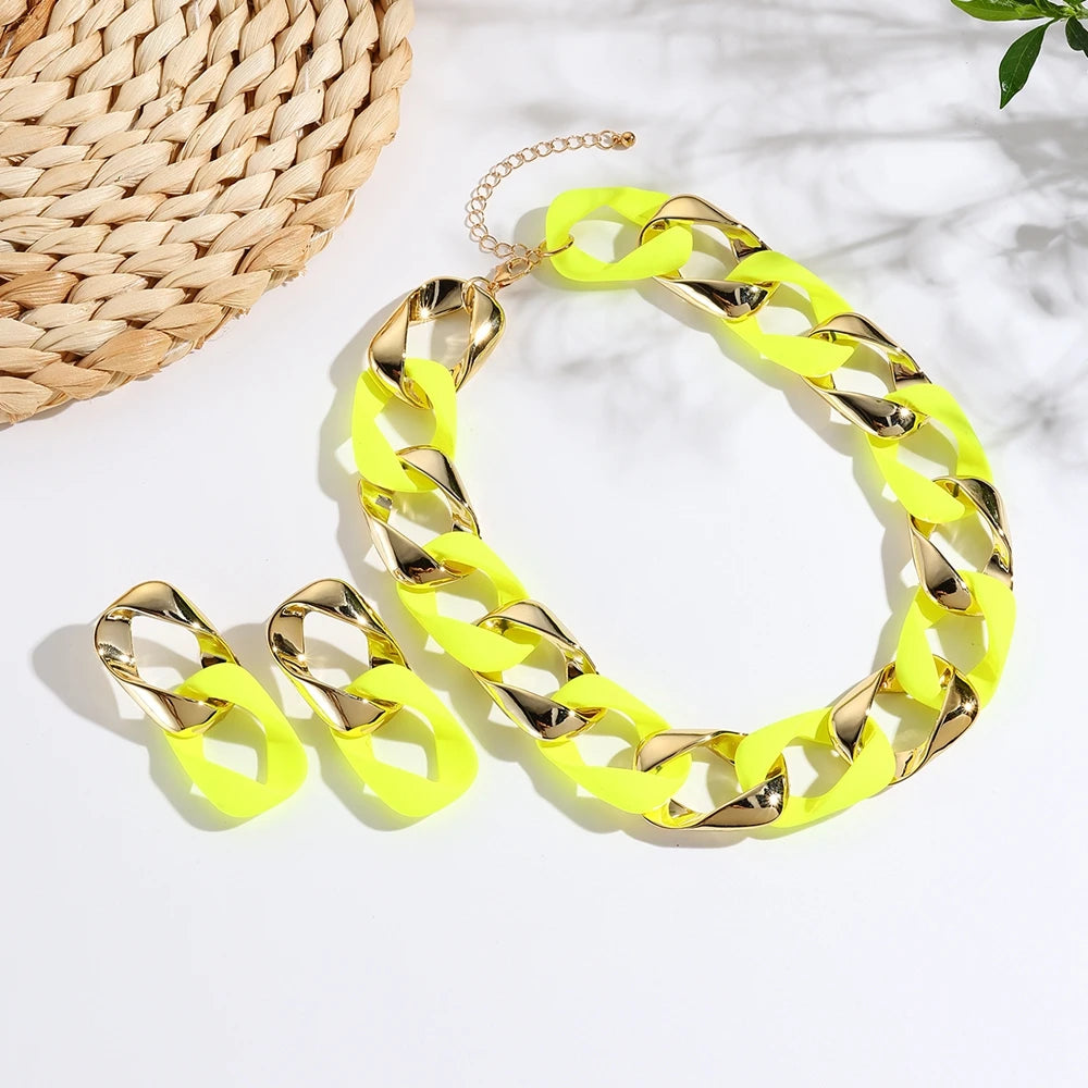 Yellow Fluorescent Color Acrylic Spliced Chocker Jewelry Set