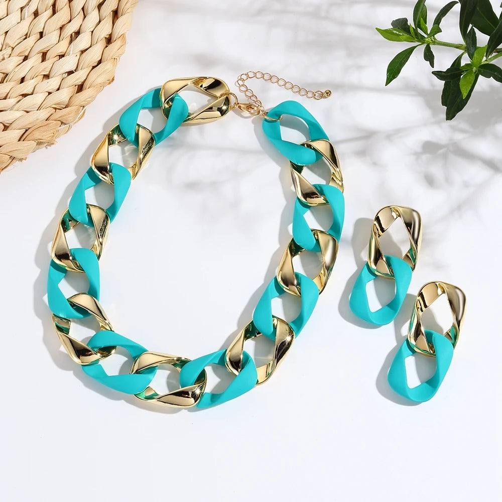 Blue Fluorescent Color Acrylic Spliced Chocker Jewelry Set