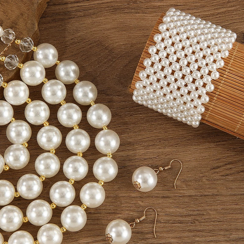 White Four Layer Round Beaded Imitation Pearl Jewelry Sets