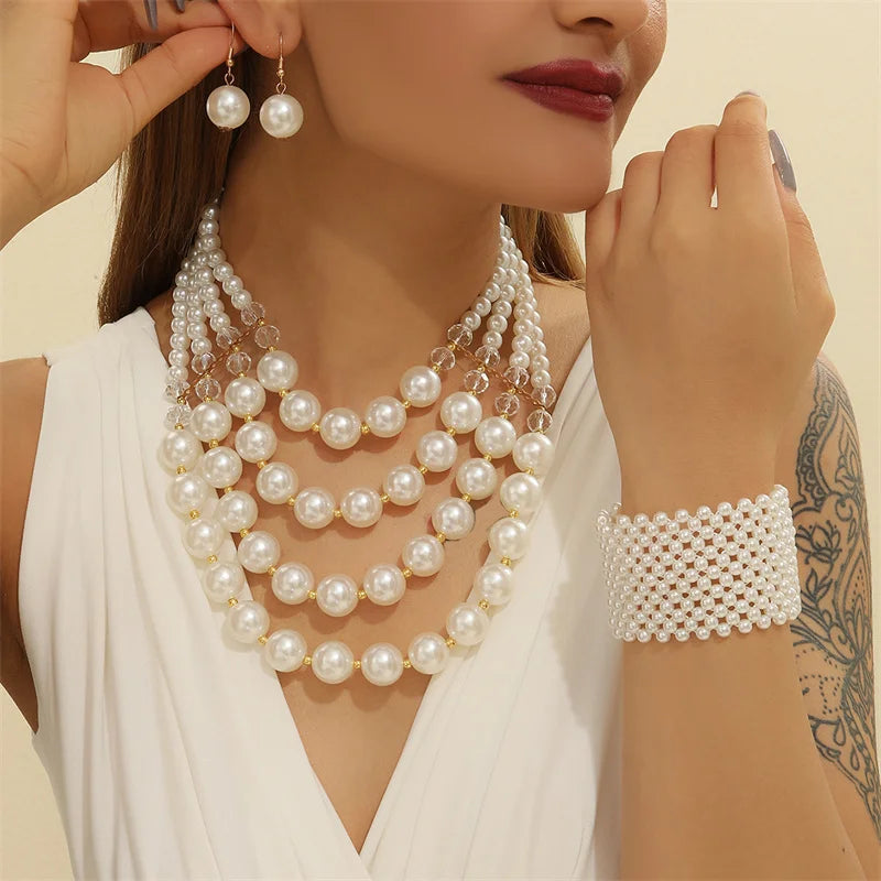 Model using White Four Layer Round Beaded Imitation Pearl Jewelry Sets