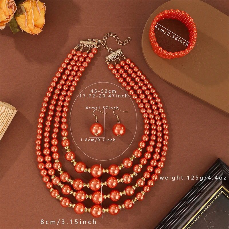 Red Four Layer Round Beaded Imitation Pearl Jewelry Sets