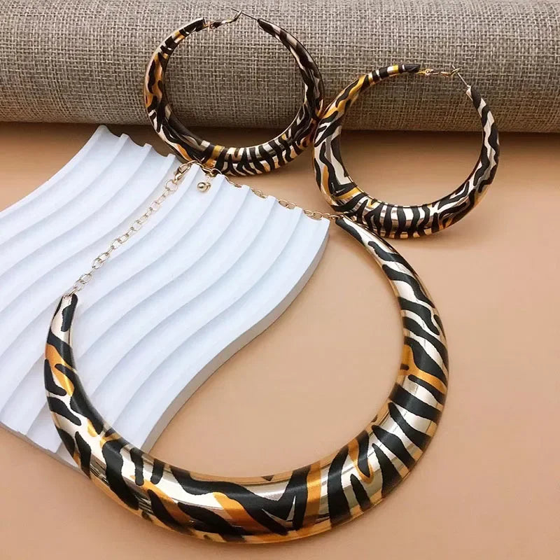 Geometric Leopard Exaggerated Earrings Necklace