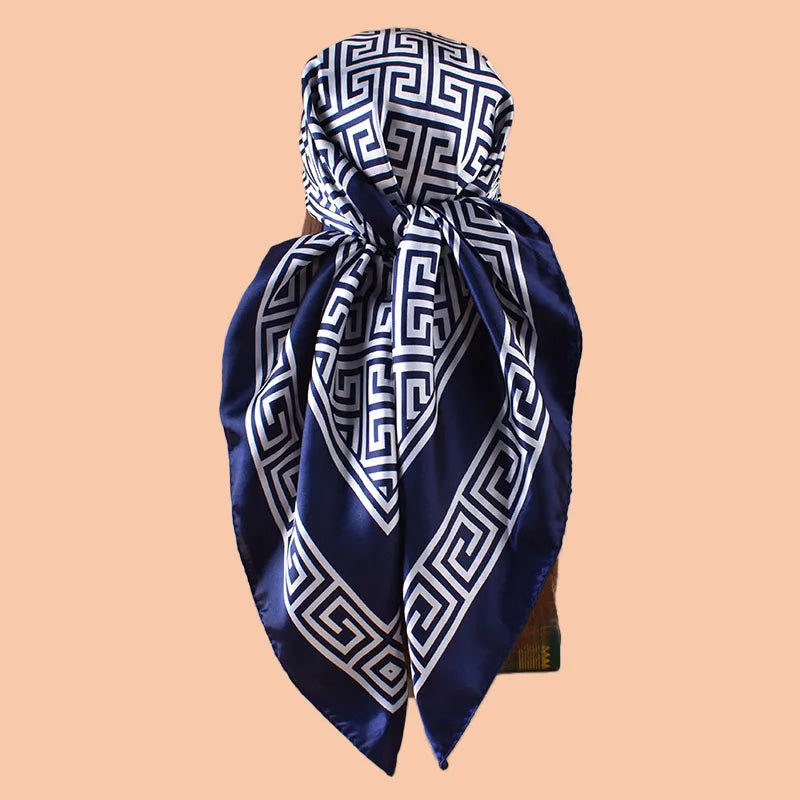 Blue Geometric Letter Print Silk Satin Square Scarf