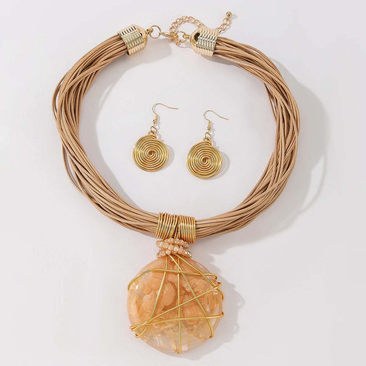 Beige Geometric Round Resin Gems Aluminum Wire Woven Jewelry