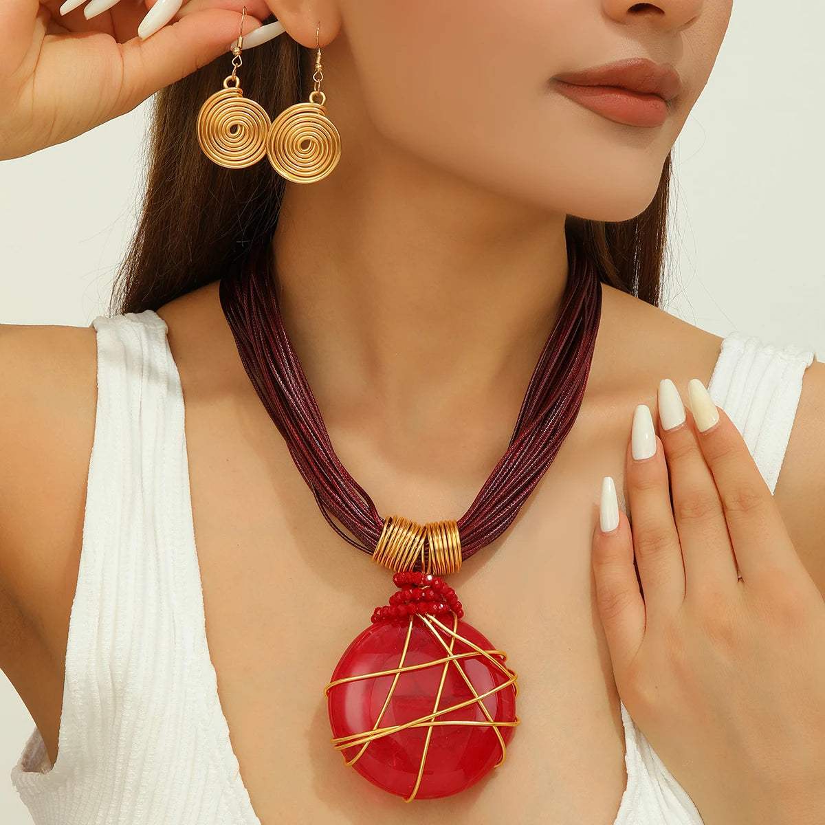 Red Geometric Round Resin Gems Aluminum Wire Woven Jewelry