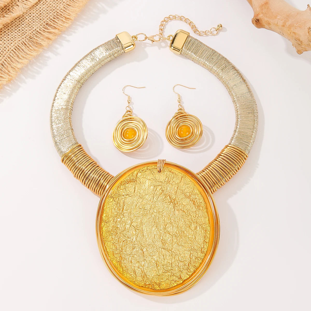 Gold Geometric Round Resin Large Gems Aluminum Necklace Jewelry Set