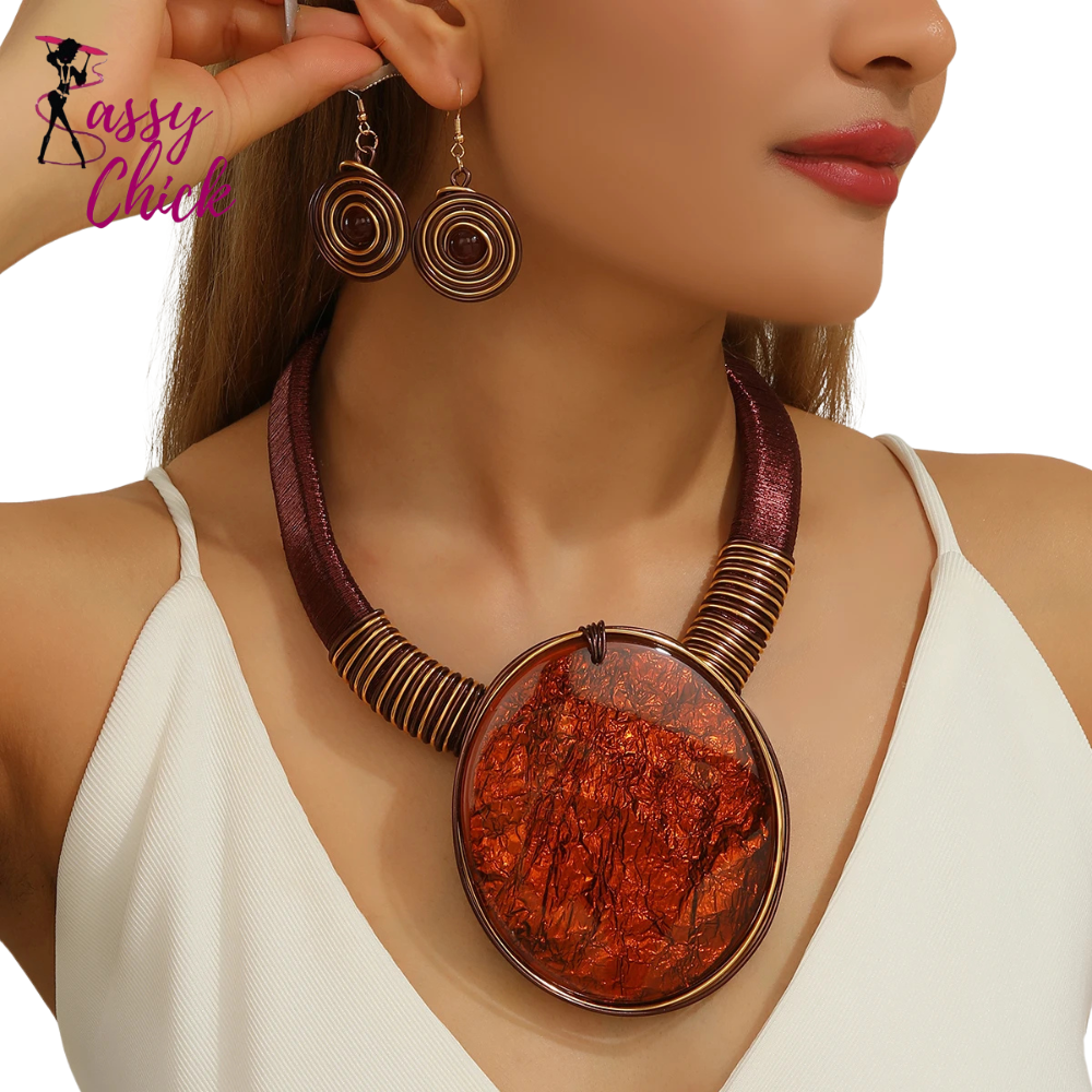 Geometric Round Resin Large Gems Aluminum Necklace Jewelry Set Sassy Chick Logo