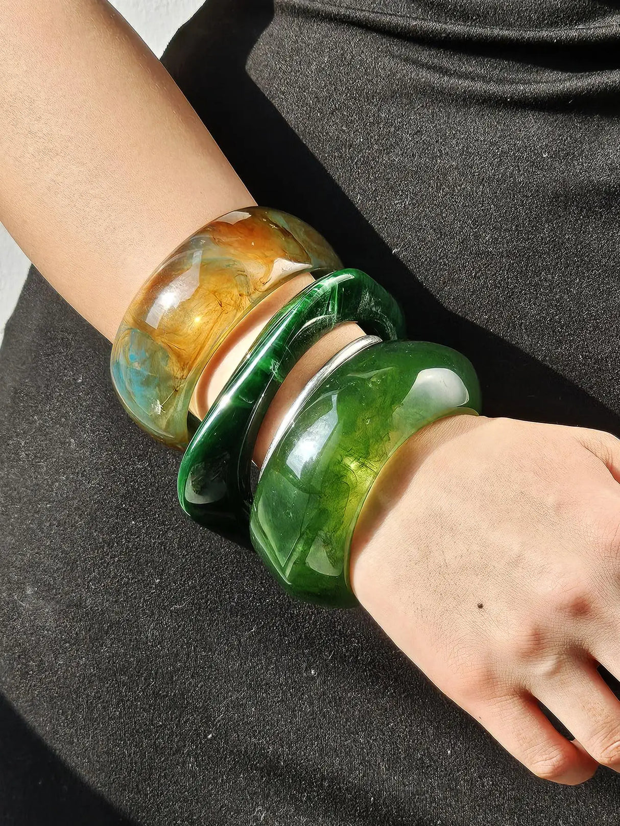 Model using Geometric Square Green  Chunky Resin Bracelet