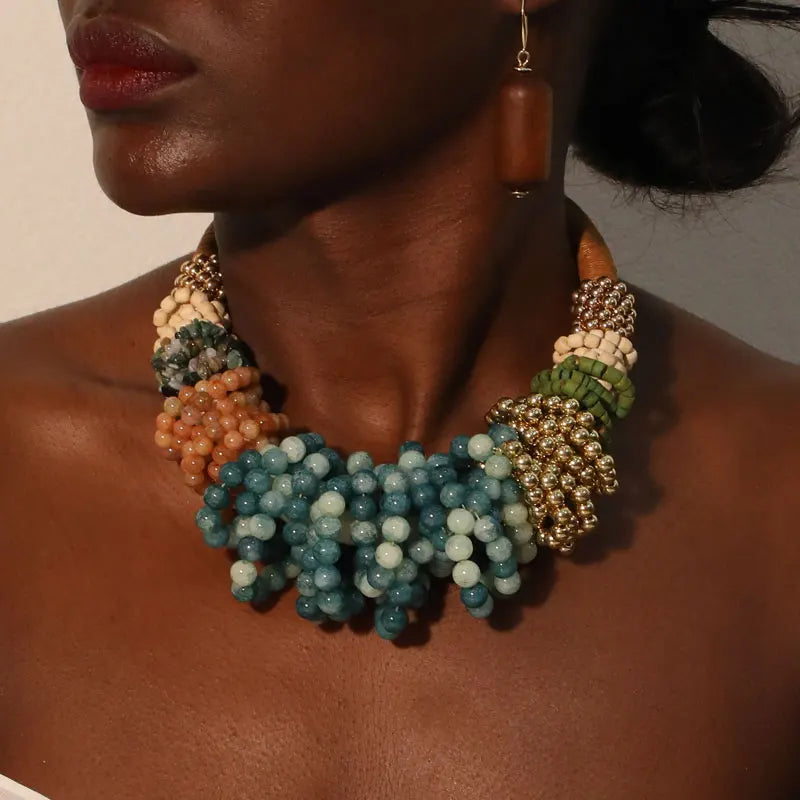 Model Using Girl Trendy Exaggerated Individual Beaded Necklace