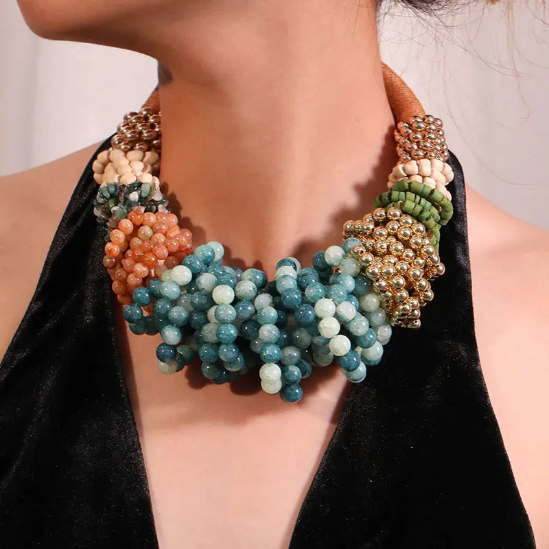 Model Using Girl Trendy Exaggerated Individual Beaded Necklace