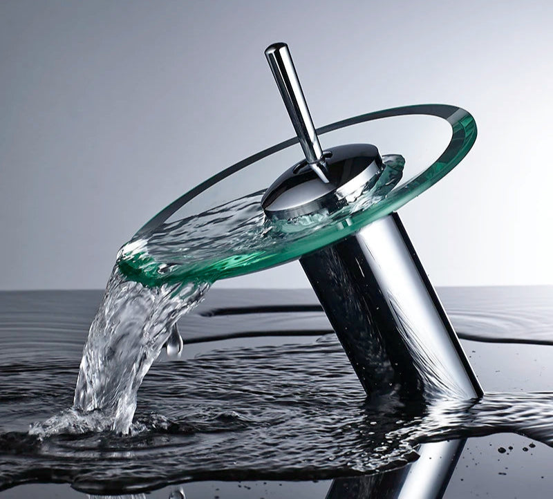 Glass waterfall bathroom faucet with round glass spout and chrome finish