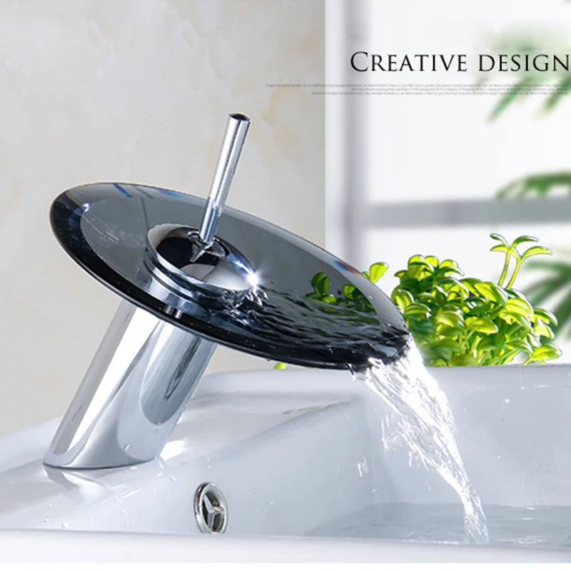 Glass waterfall bathroom faucet with round glass spout and chrome finish
