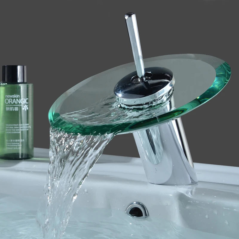 Glass waterfall bathroom faucet with round glass spout and chrome finish