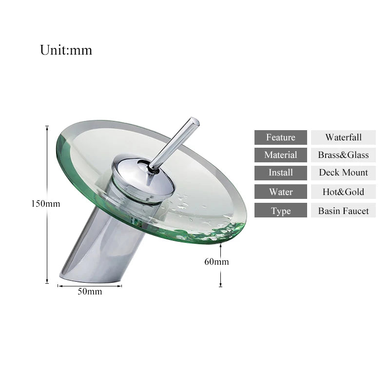 Glass waterfall bathroom faucet with round glass spout and chrome finish