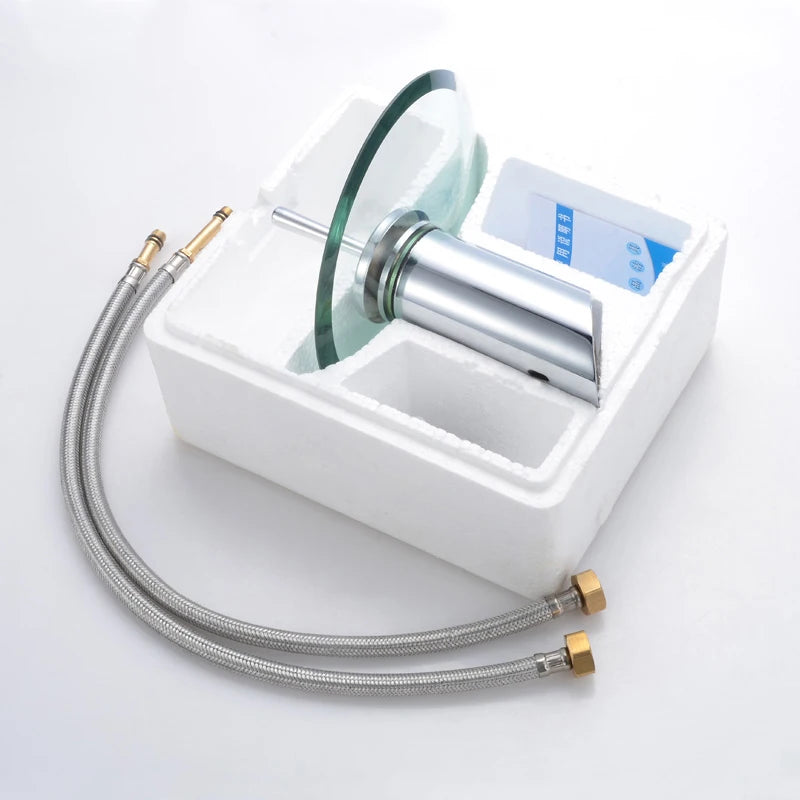 Glass waterfall bathroom faucet with round glass spout and chrome finish