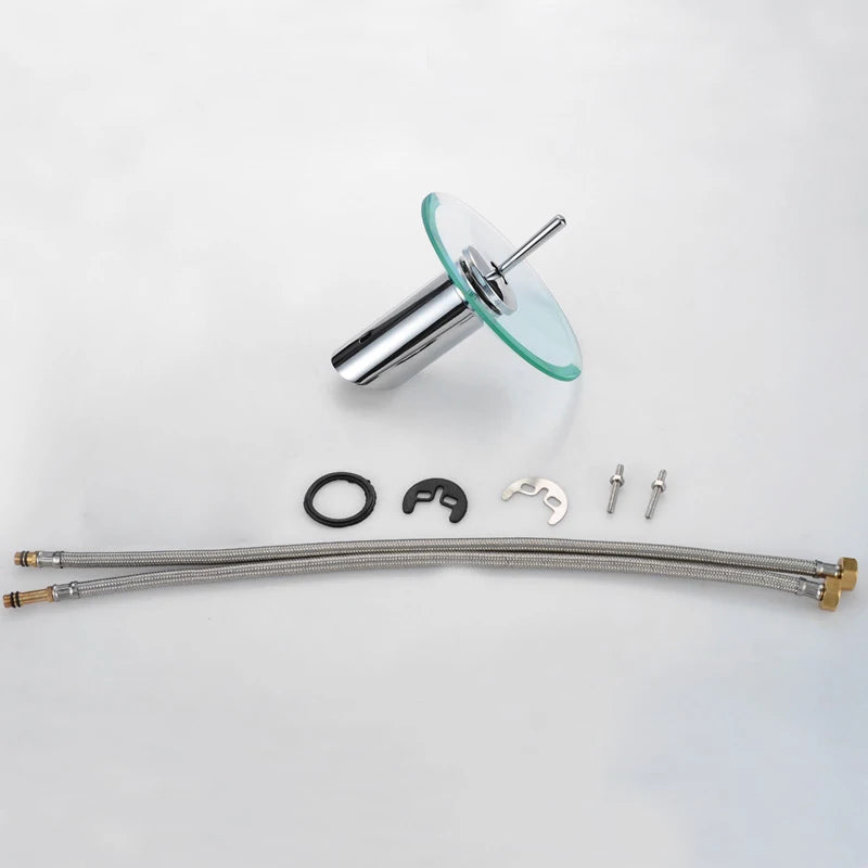 Glass waterfall bathroom faucet with round glass spout and chrome finish