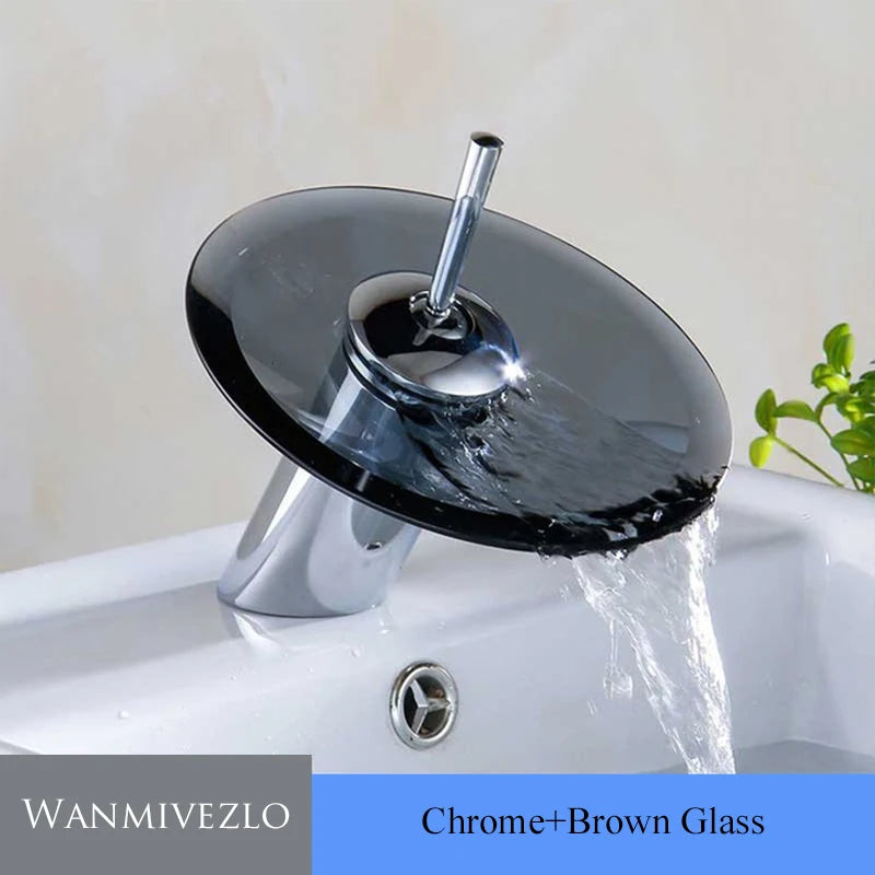 Glass waterfall bathroom faucet with round glass spout and chrome finish
